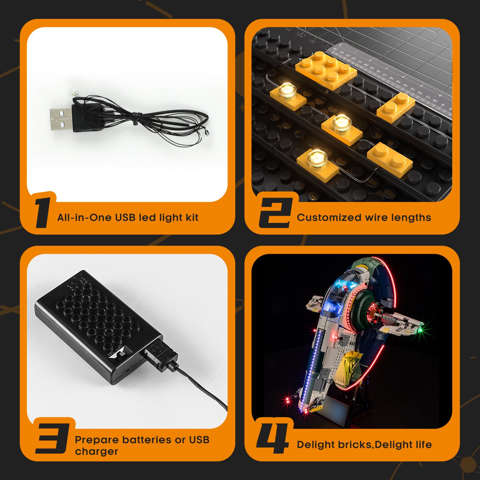 Beleuchtungsset für Jango Fetts Raumschiff der Firespray-Klasse 75409-Lightailing (🔋 USB-Stromversorgung empfohlen)