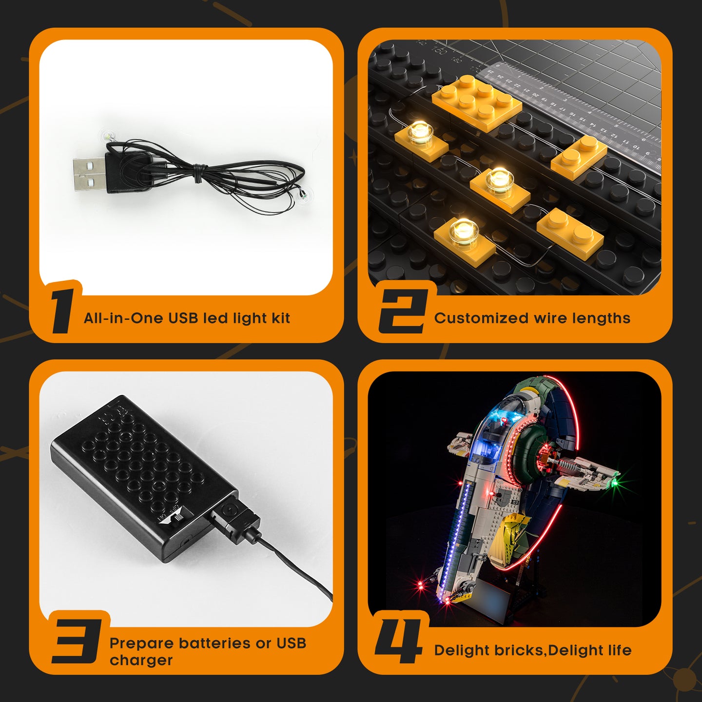 Beleuchtungsset für Jango Fetts Raumschiff der Firespray-Klasse 75409-Lightailing (🔋 USB-Stromversorgung empfohlen)