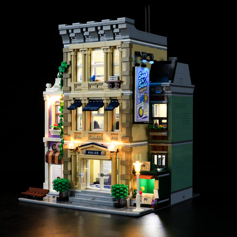 lego police station 10278 with warm lights