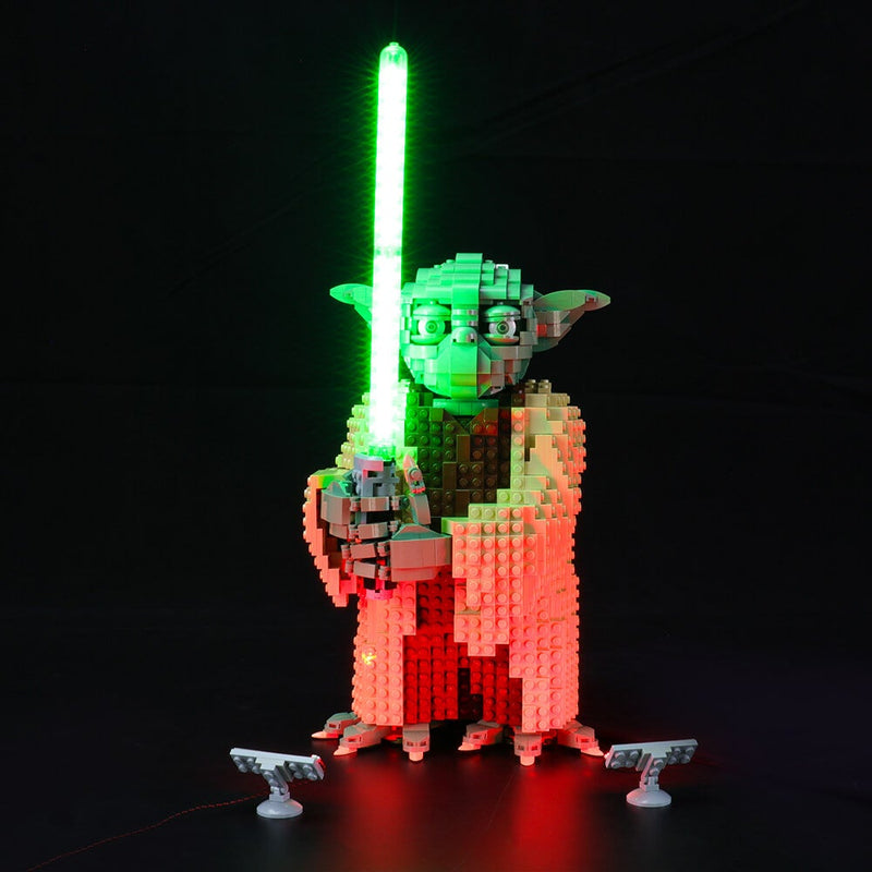 lego yoda with green lighting Lightsaber