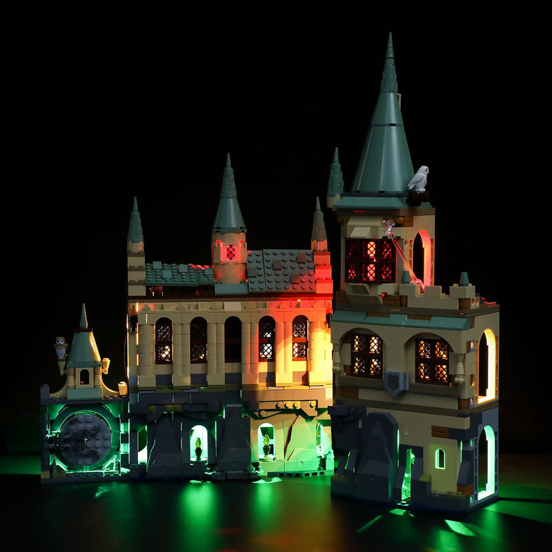 lego harry potter 76389 with green and warm lights
